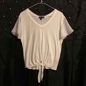 Kim & Cami Ivory Tie-Front Blouse with sheer flutter cap sleeves